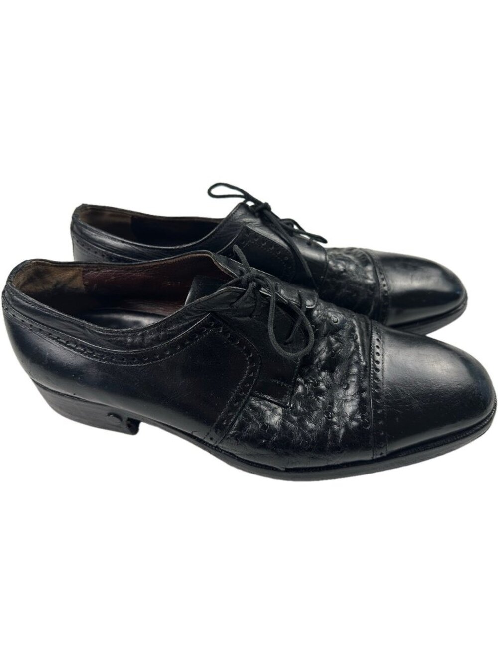 Vintage Hermes Paris Black Ostrich Leather Cap Toe Oxford Dress Shoes Mens US 9